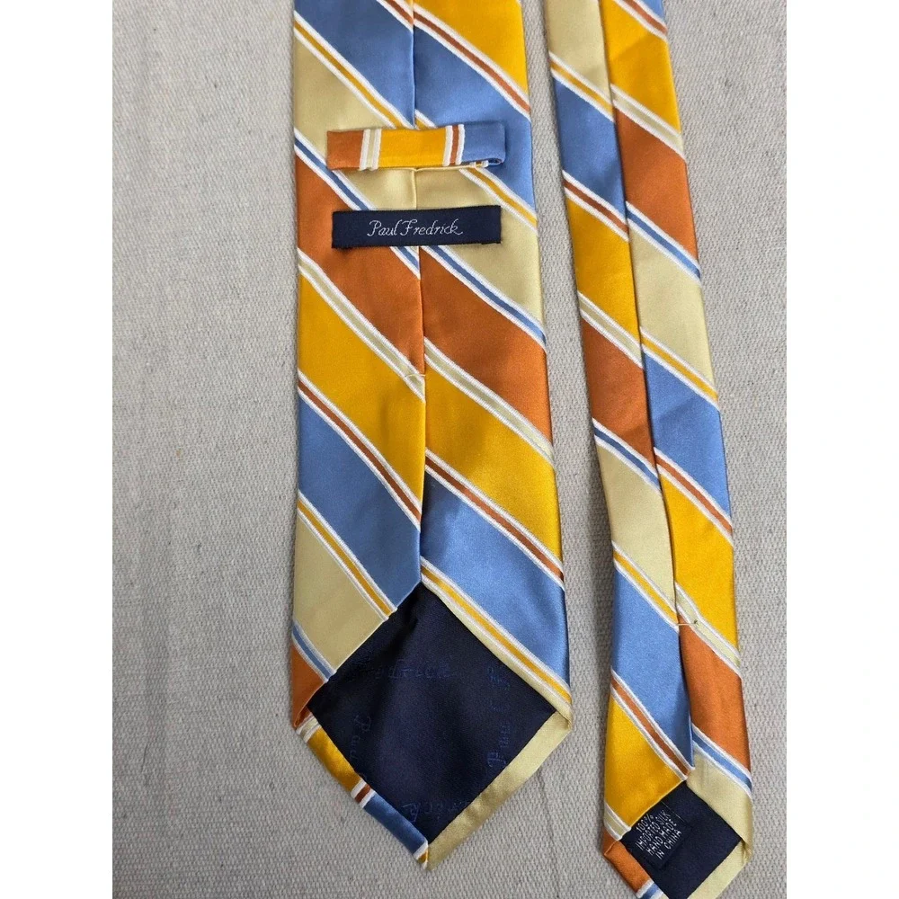 Paul‎ Fredrick Mens Silk Necktie Orange Blue Yellow Striped Handmade Tie